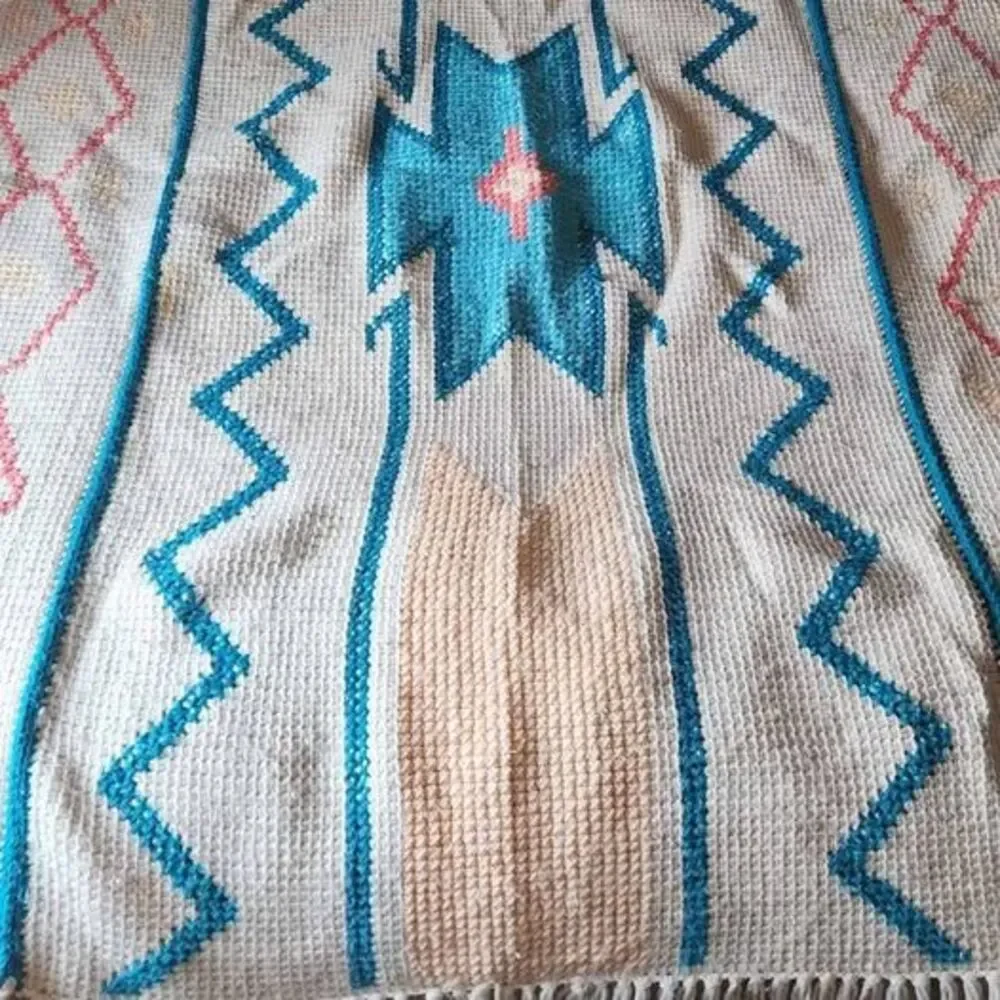 Vintage Handmade Southwestern Crochet Afghan Blanket Throw – Teal & Peach (42